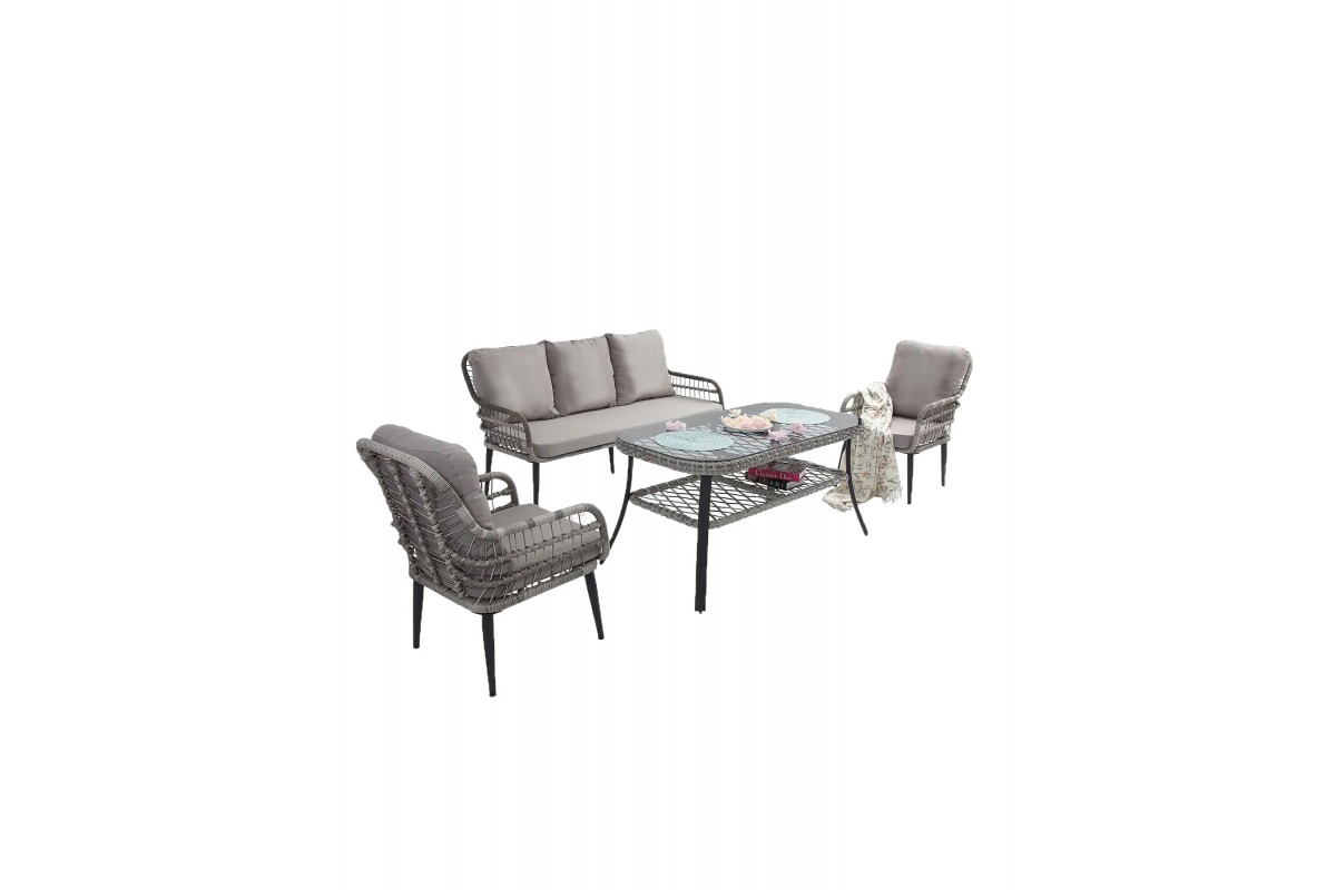 Pisa Üçlü Rattan Bahçe Balkon Oturma Grubu-Gri