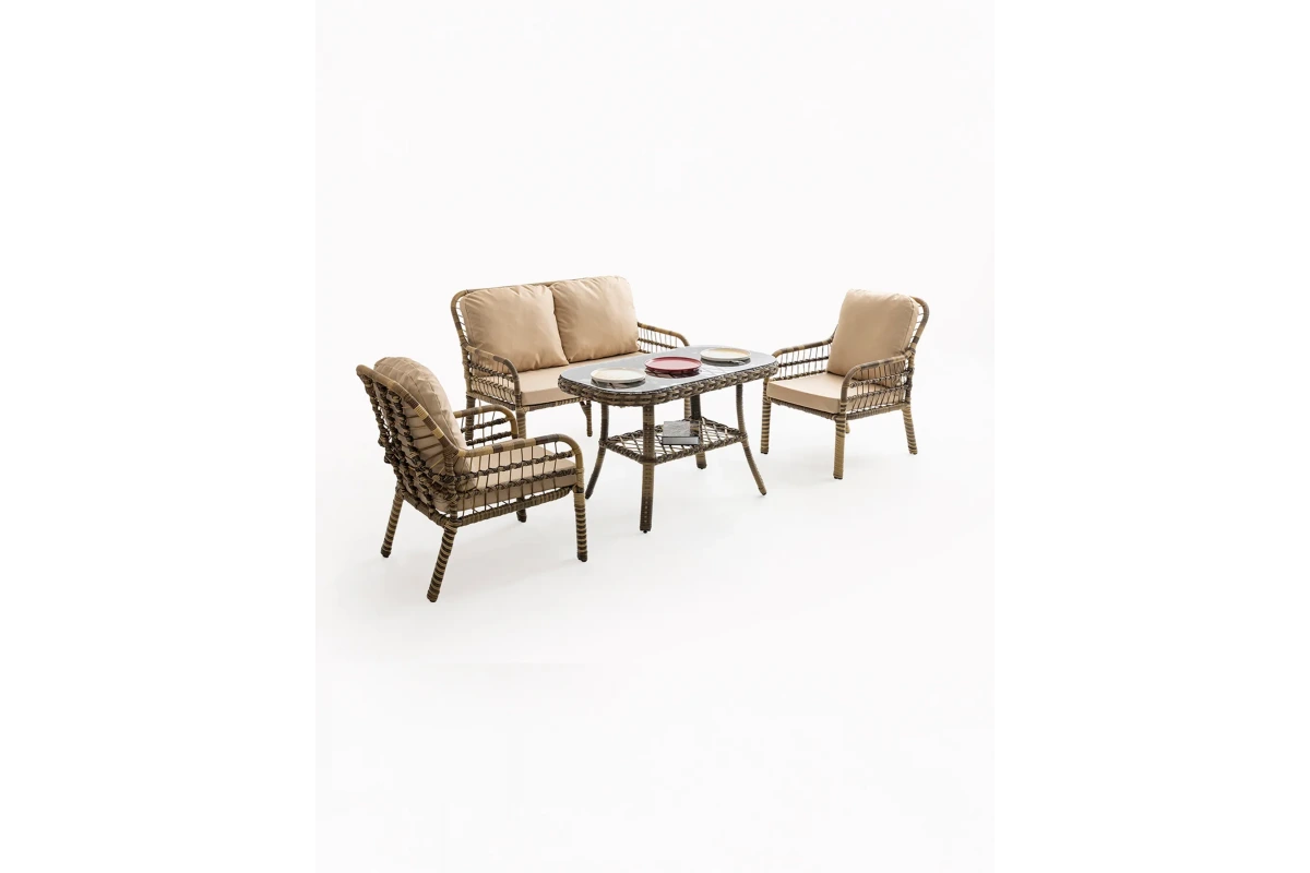 Pisa İkili Rattan Bahçe Balkon Oturma Grubu-Açık Kahve